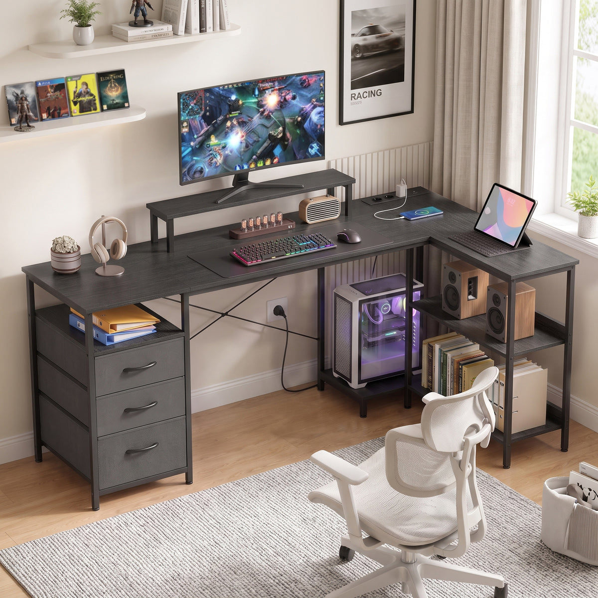 HOMCOM Schreibtisch in L-Form, umkehrbarer Eckschreibtisch mit Schubladen und Regalen, 170 cm, Schwarz – Produktabbildung 2