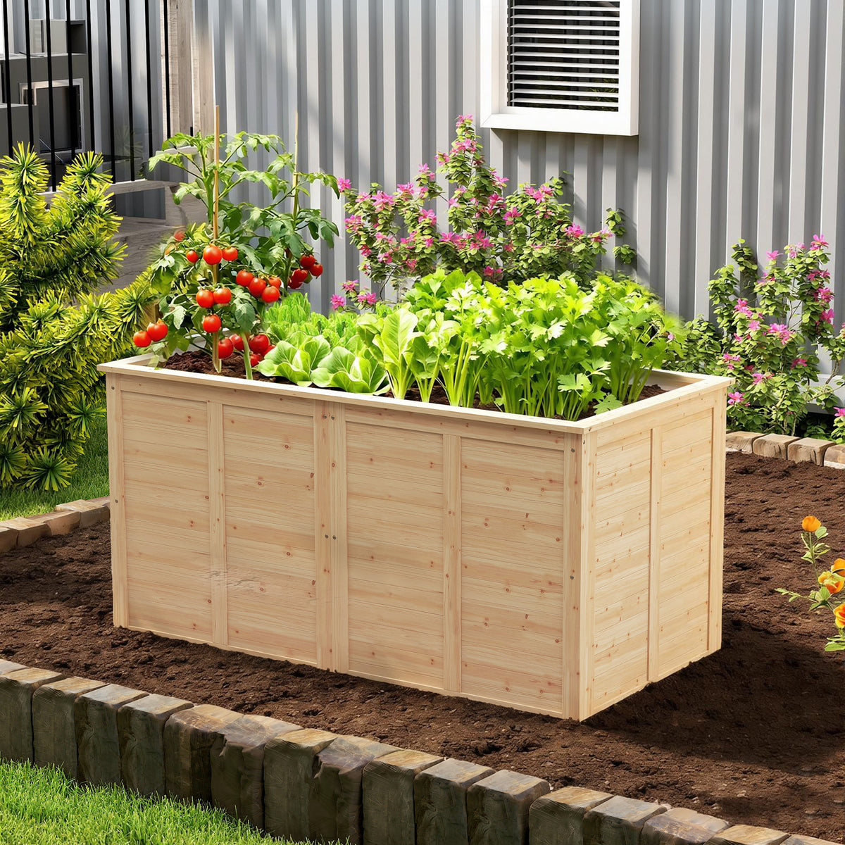 Outsunny Hochbeet Holz 152 x 77 x 77 cm Erhöhtes Tief Kräuterbeet mit Offenem Boden Verstärkungsstangen – Produktabbildung 2