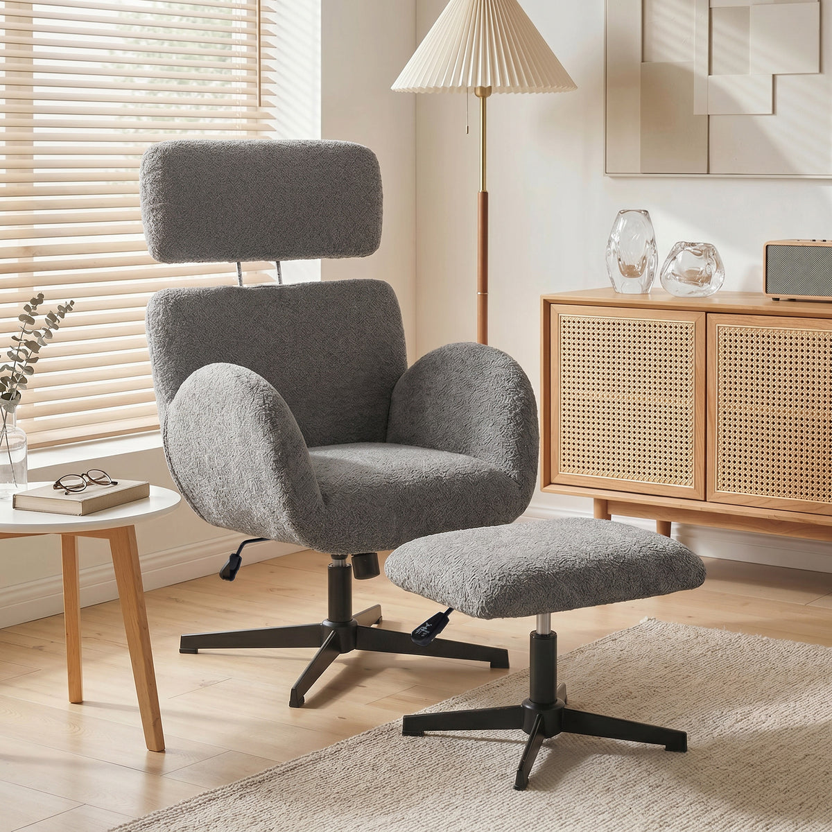 Swivel armchair with ottoman, height-adjustable accent chair with adjustable headrest, rocking function, gray (2)