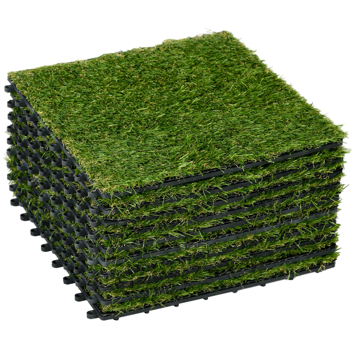 Artificial grass, lifelike, drainage function, 6.5k fibers/m², 25mm height, set of 10 at 30x30cm each, green