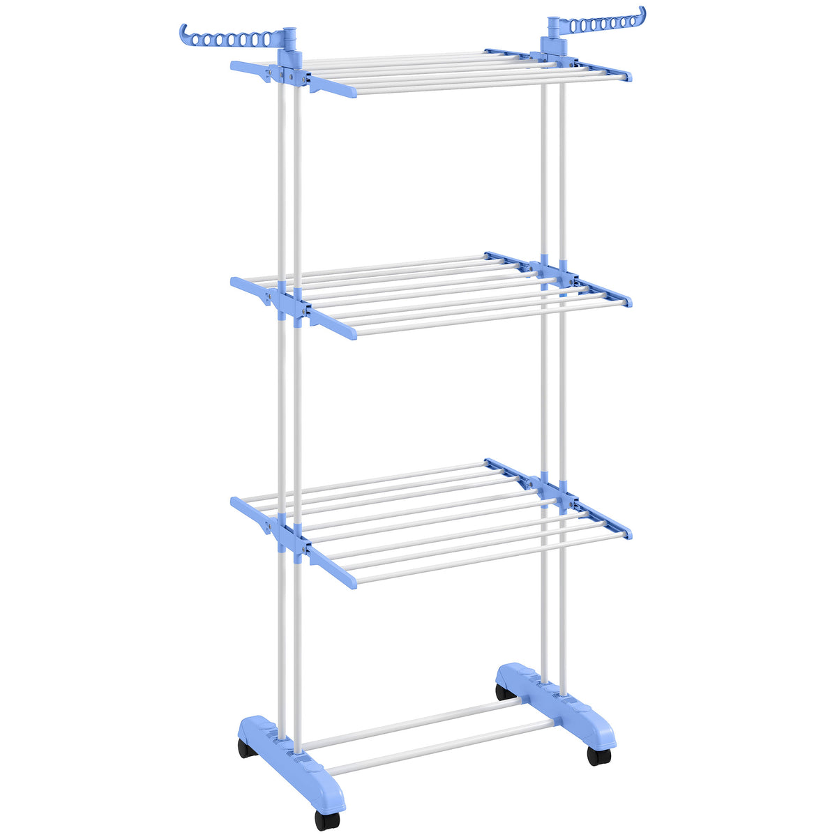 Laundry rack, 4 tiers, foldable, 4 castors with 2 brakes, metal frame, blue+white, 73 x 64 x 177cm