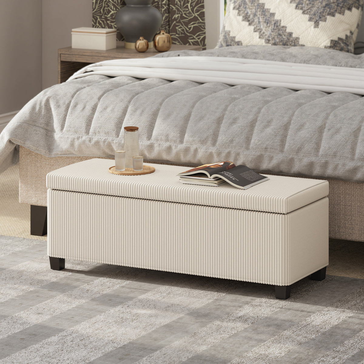 HOMCOM Sitzbank mit Stauraum, Aufbewahrungsbank, Cord-Design, Stahlrahmen, Beige – Produktabbildung 2