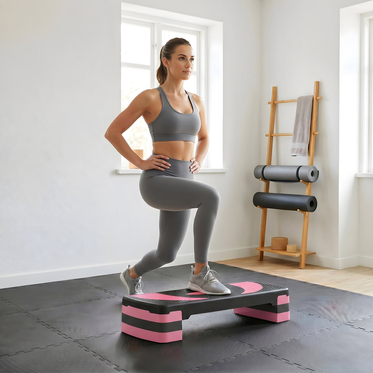 Aerobic stepper, height-adjustable, 80 x 31 x 10/15/20 cm, up to 150 kg, black/pink/grey (2)