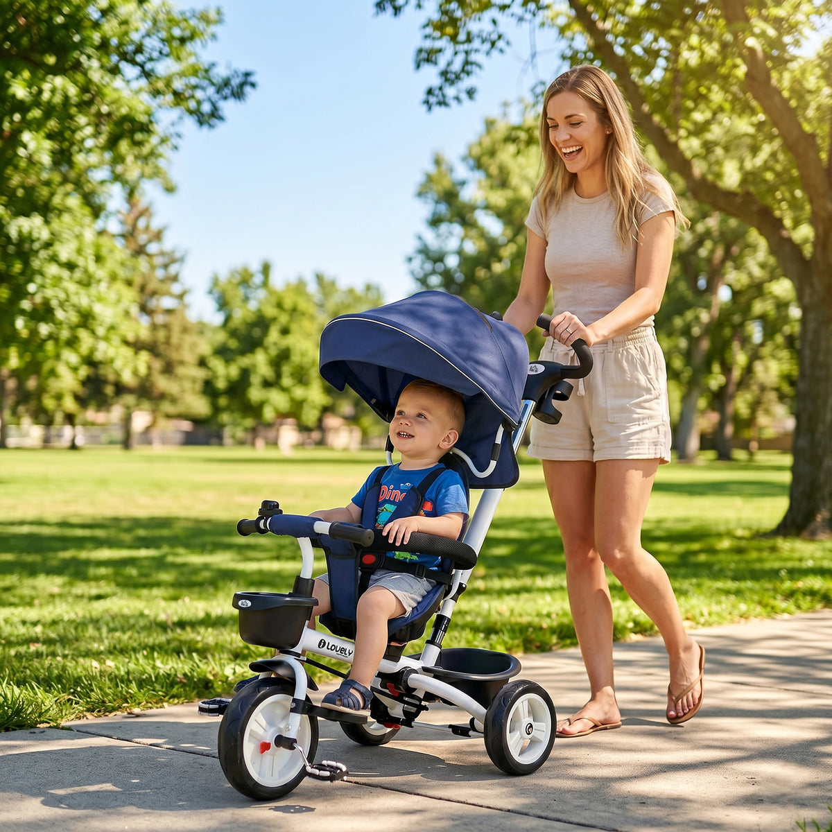 6-in-1 children's tricycle with push bar, canopy, harness, storage basket, 18+ months, dark blue (2)