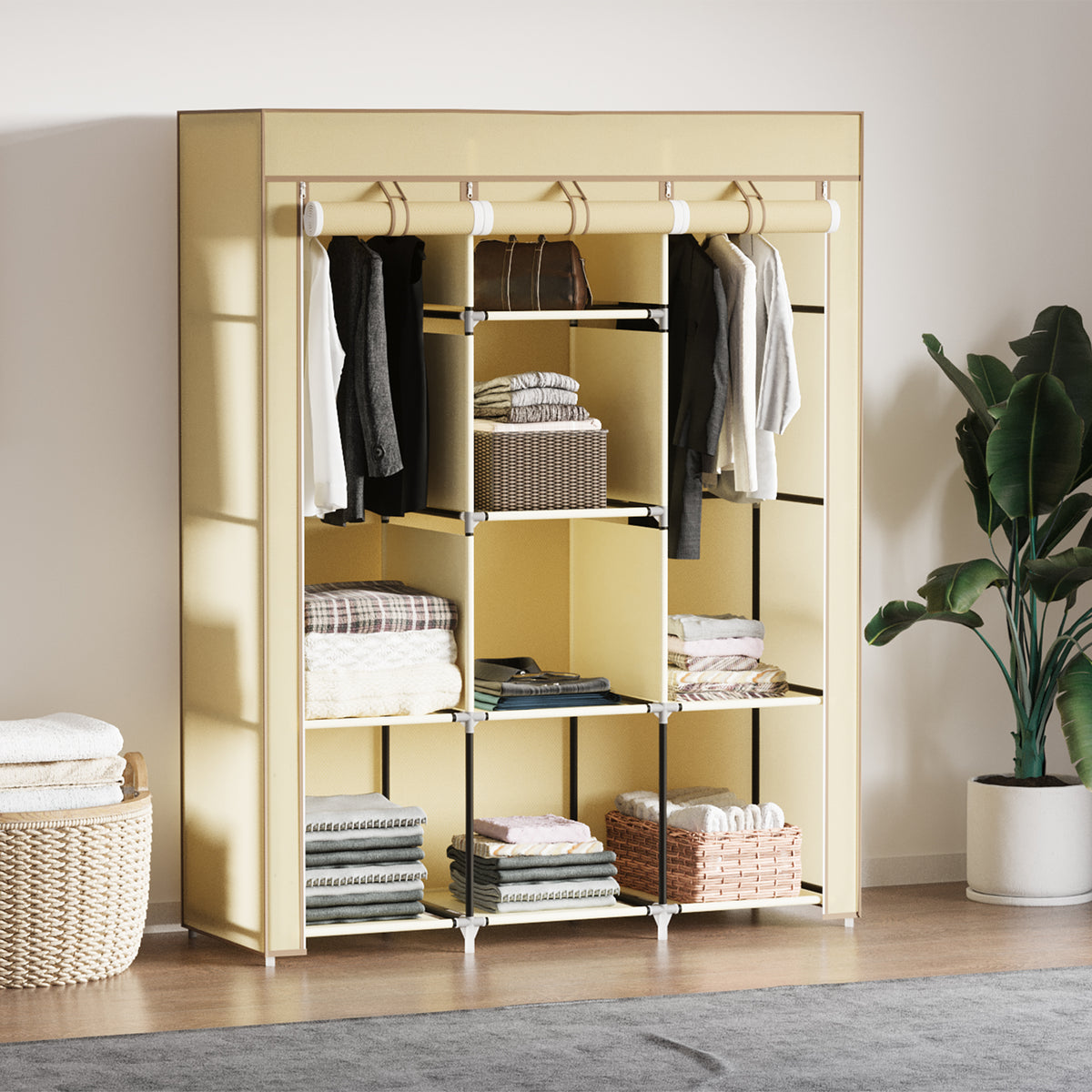 HOMCOM Schrank aus Stoff, Aufbewahrungslösung, 8 Regale, 2 Kleiderstangen, Beige – Produktabbildung 2