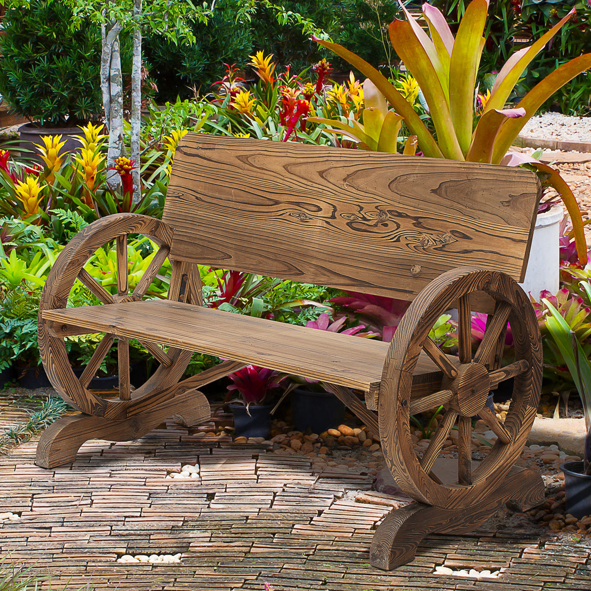 Outsunny 2-Sitzer Gartenbank Massivholz mit Armlehne, Sitzbank mit Wagenräder-Design, Gartenmöbel 250kg – Produktabbildung 2