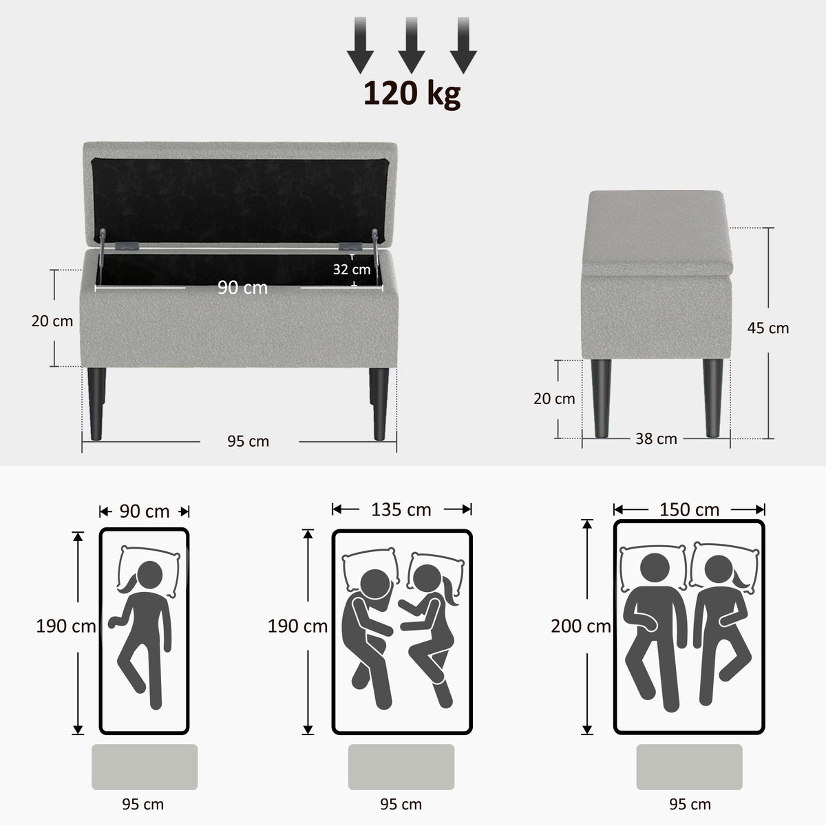 HOMCOM Sitztruhe, Sitzbank mit Stauraum, bis 120kg, Samtoptik, 95x38x45cm, Grau – Produktabbildung 3