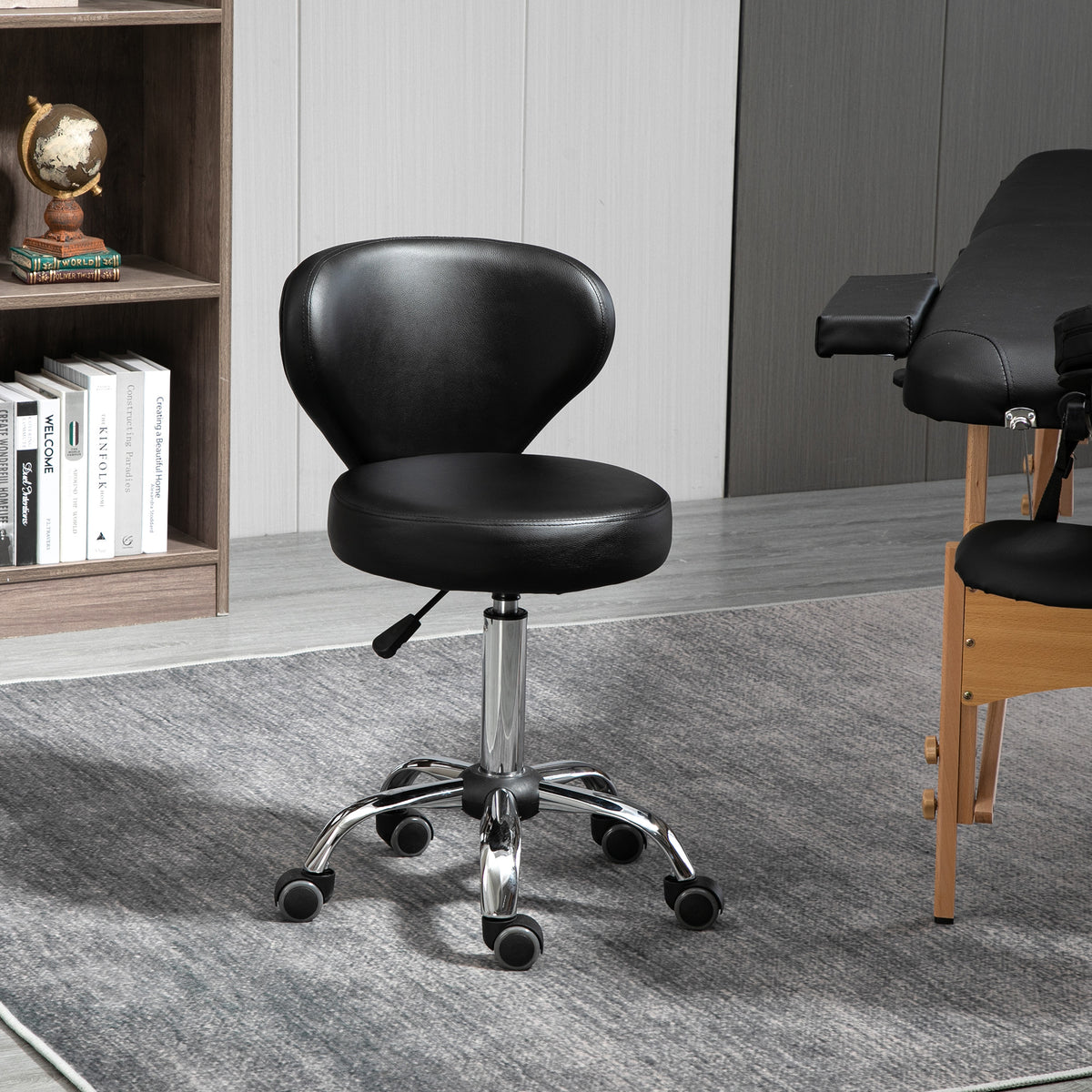 Salon stool in leather look, height-adjustable, up to 120 kg, steel frame, black (2)