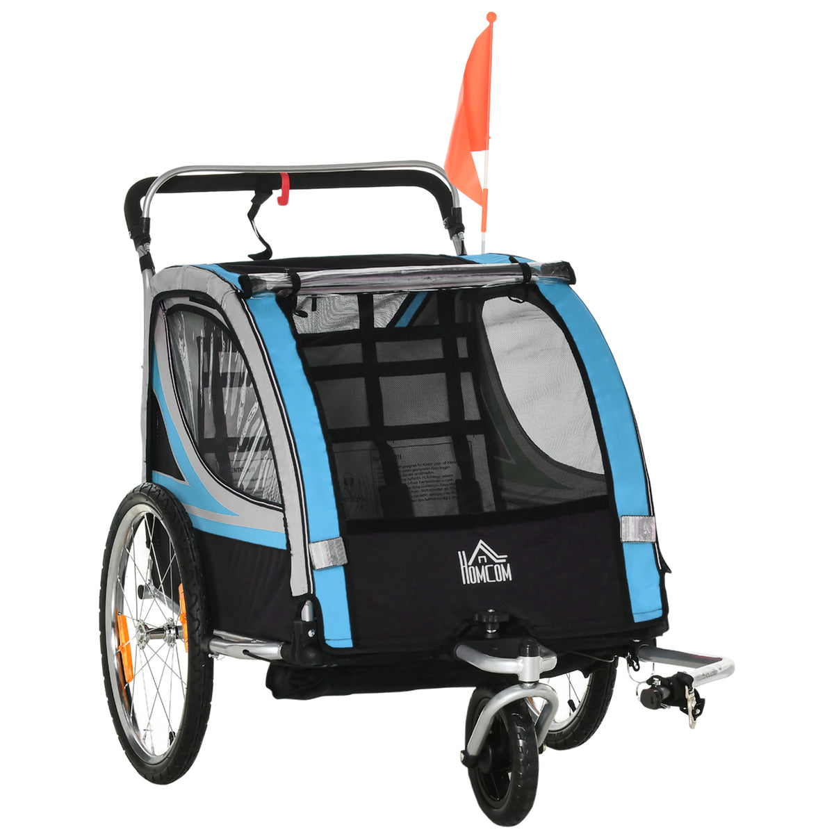Child trailer, stroller, 5-point safety harness, universal hitch, steel, blue, 142 x 75 x 101 cm