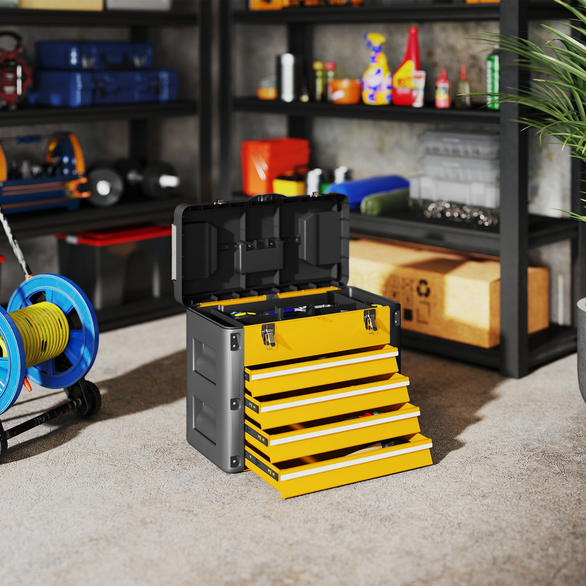HOMCOM Werkzeugkiste leer, 49,7 x 25,3 x 40,7 cm Werkzeugkasten mit 4 Schubladen, Mini-Box Stahl Gelb – Produktabbildung 2
