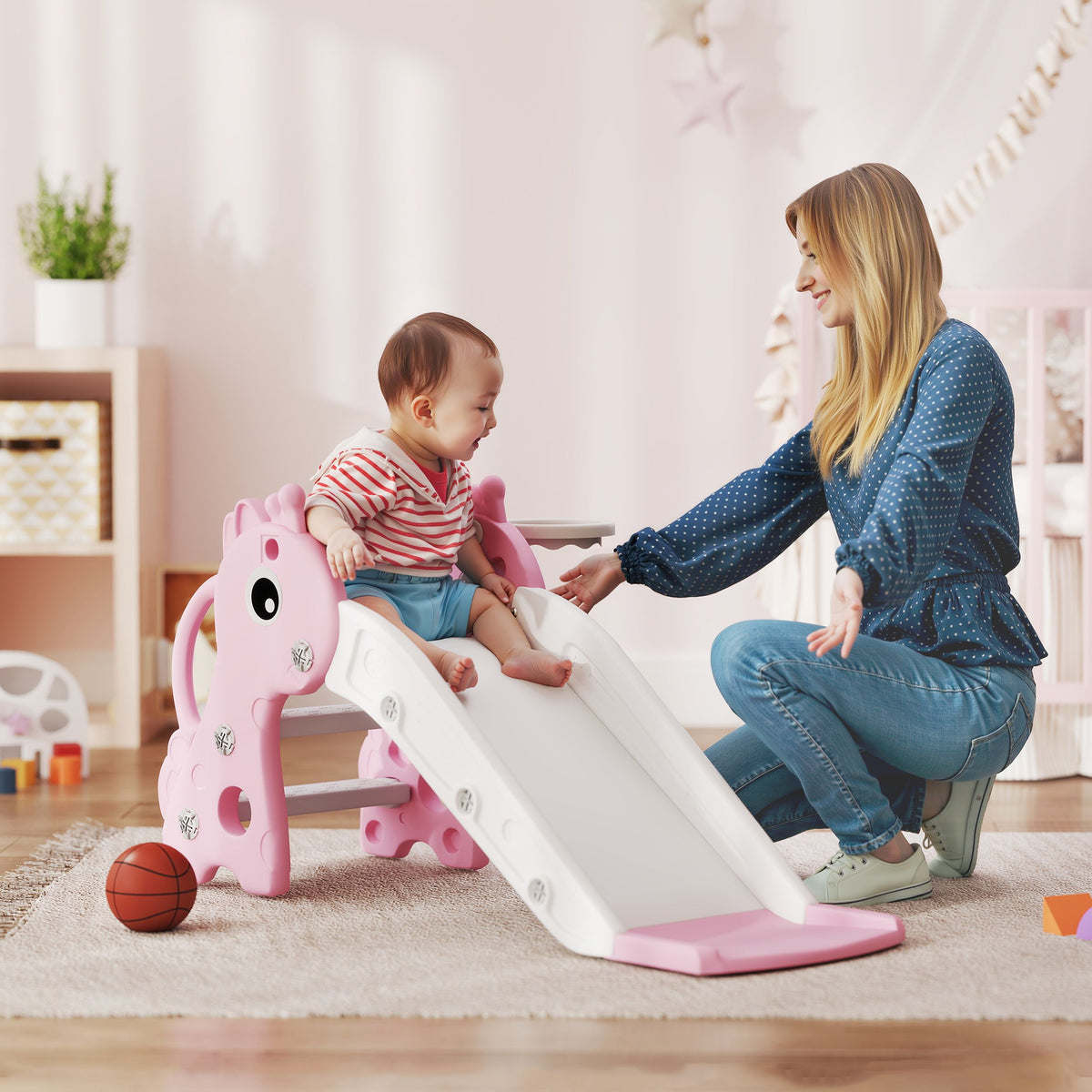 3-in-1 Rutsche für Kinder, Giraffenform, Basketballkorb, Ball, Rosa – Produktabbildung 2