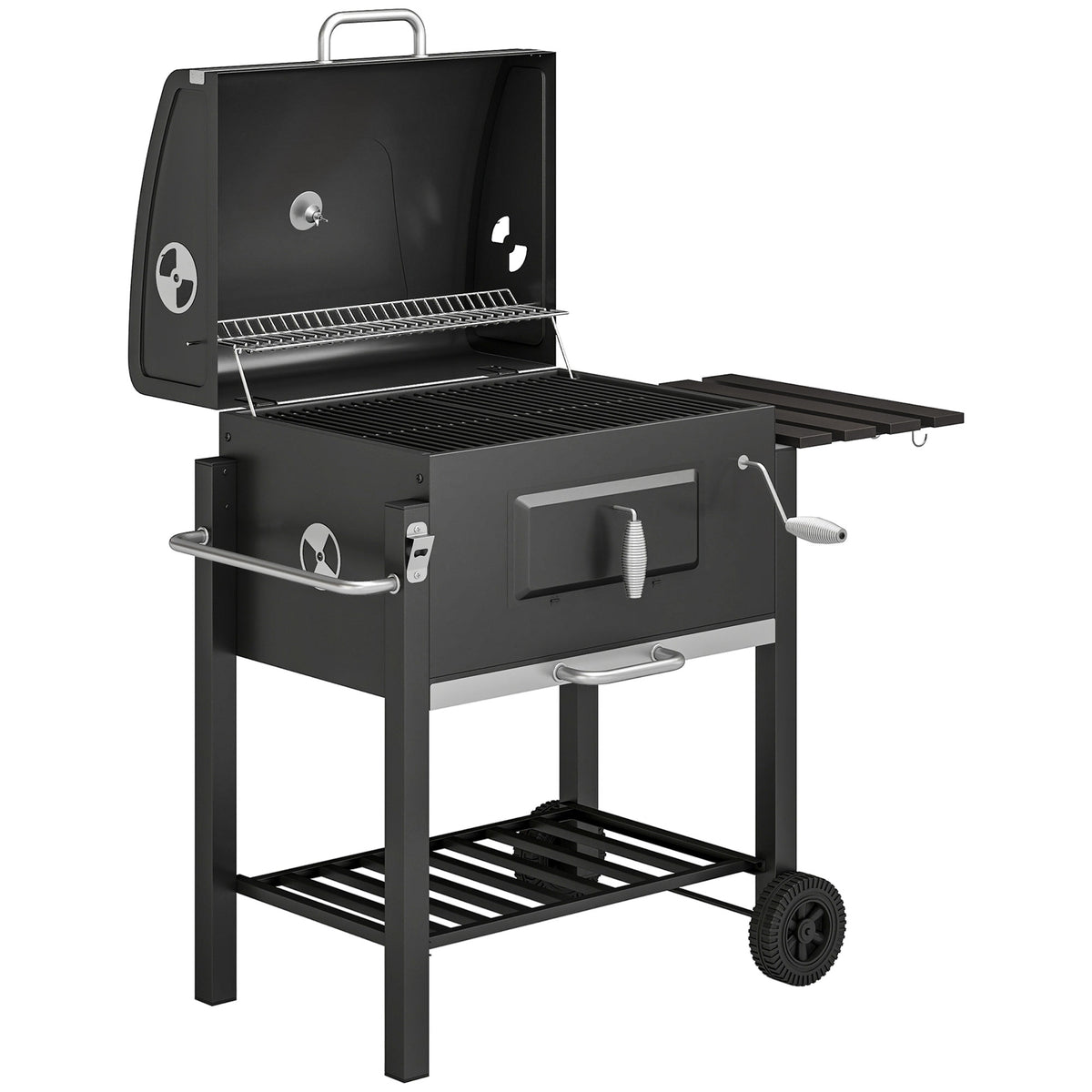 Charcoal smoker barbecue, 1 shelf, 1 towel rack, 2 grill grates, 113 cm x 65 cm x 108 cm, black