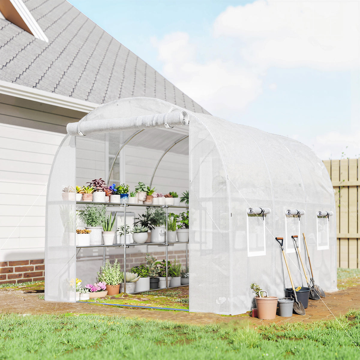 Greenhouse approx. 2.7 x 2 x 2 m walk-in tunnel greenhouse with shelves, rollable, zip door, 6 mesh windows (2)