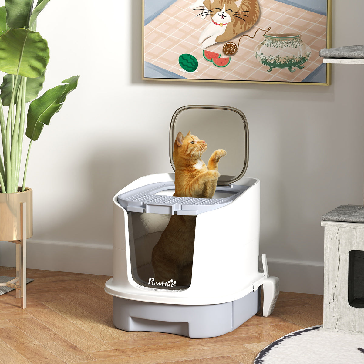 Cat litter box with lid, top entry, scoop, pull-out tray, for cats up to 4.5 kg, 40.5x52.5x42.5 cm, grey (2)
