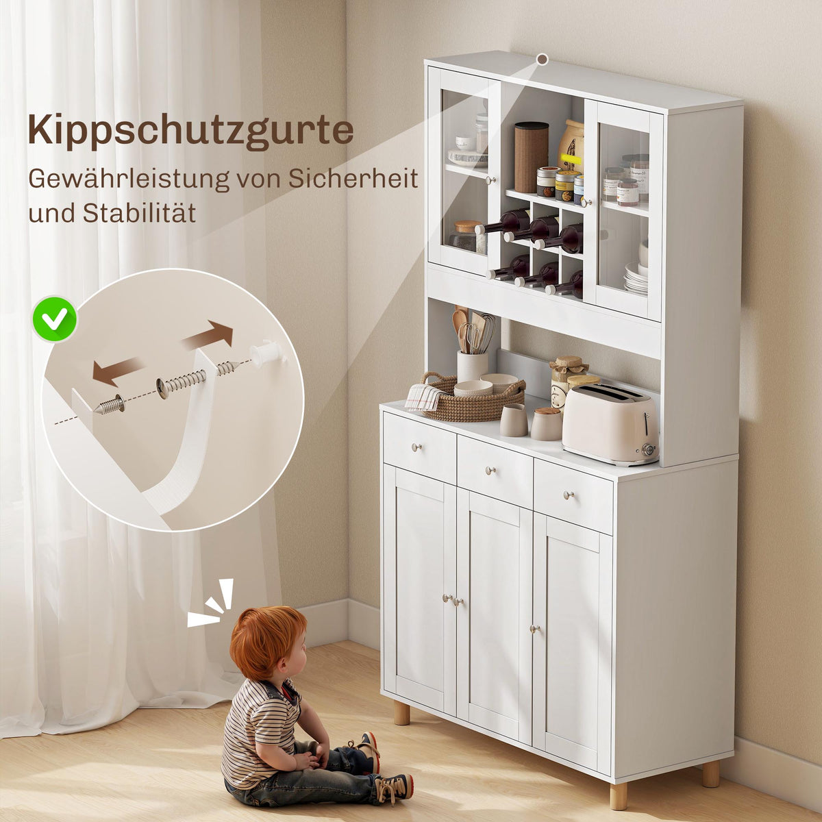 HOMCOM 180 cm Küchenschrank, 2 Glastüren, 3 Schubladen, 4 verstellbare Regale, Esszimmerschrank – Produktabbildung 6
