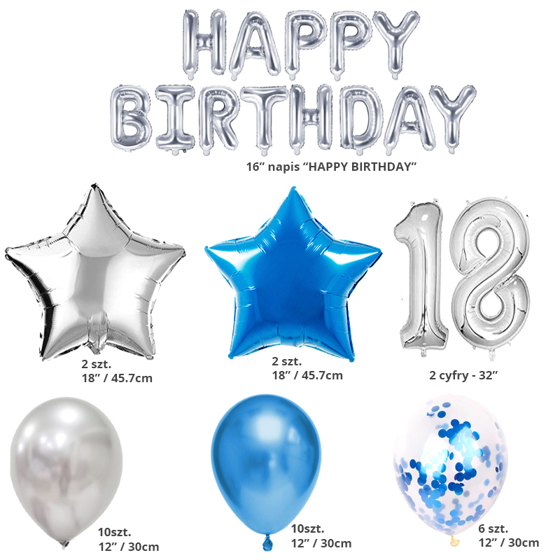 Ein Ballonset zum 18. Geburtstag – Silber – Blau – Produktabbildung 2