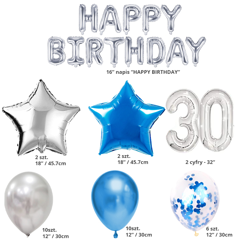 Ein Set Luftballons zum 30. Geburtstag - silber - blau – Produktabbildung 2
