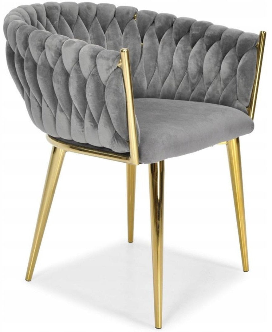 Grauer Samtstuhl GLAMOUR – goldene Beine, modernes Flechtdesign – Produktabbildung 4