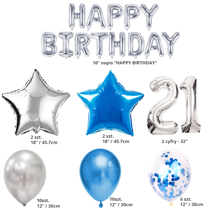 Ballon-Set zum 21. Geburtstag – silber – blau – Produktabbildung 2
