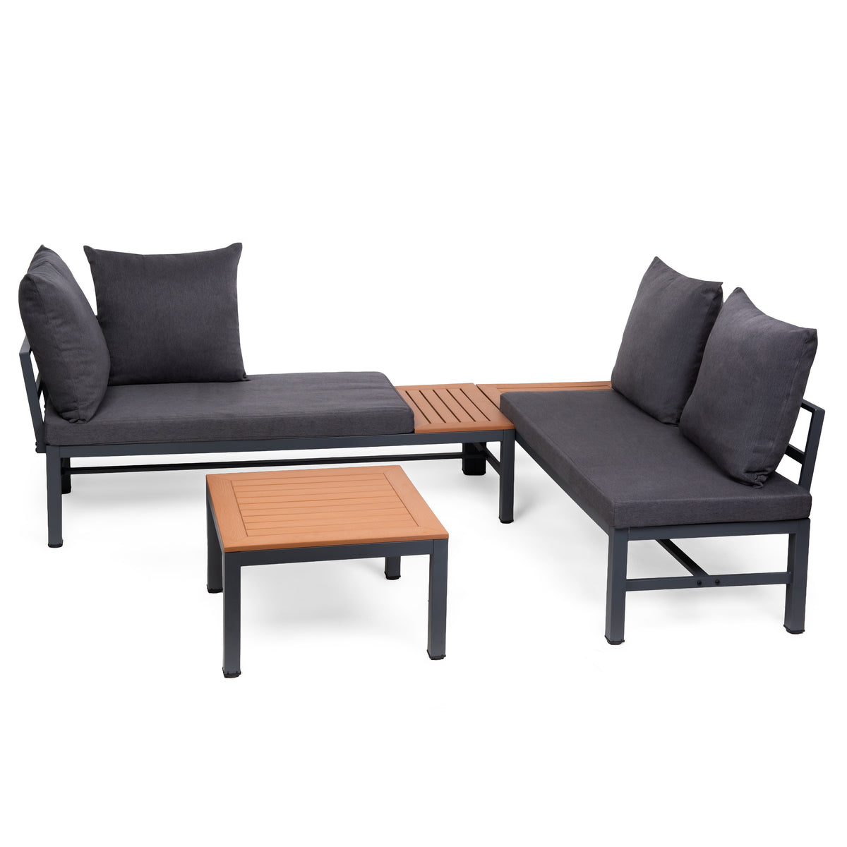 LAGOS Outdoor-Ecksofa mit Chaiselongue-Funktion – modulares Gartenmöbel-Set, Grau + Couchtisch + Kissen – Produktabbildung 7
