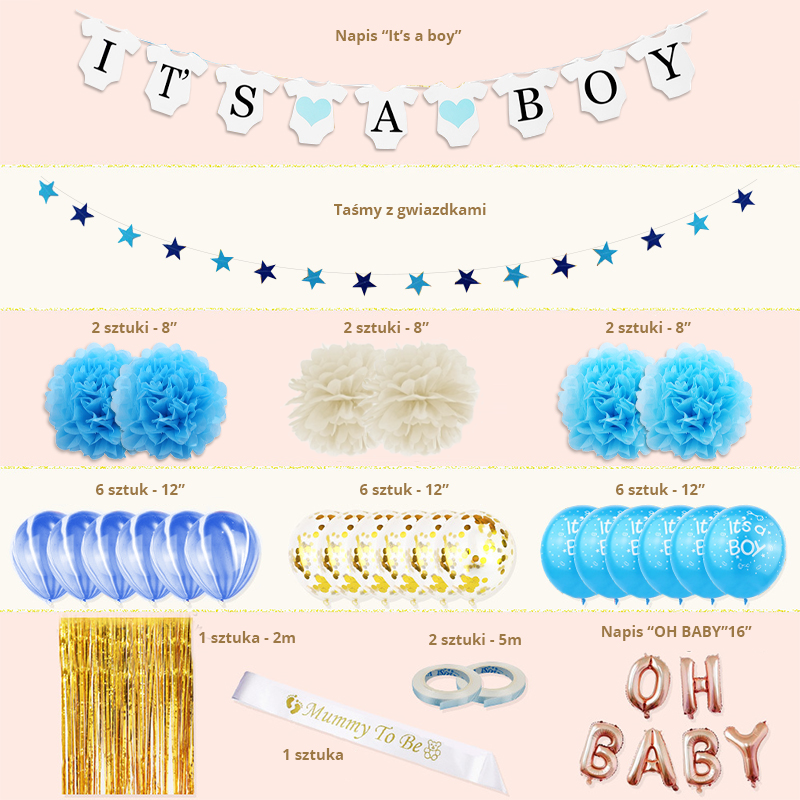 Ein Set aus Luftballons und Dekoration für die Babyparty – „IT'S A BOY“ – Produktabbildung 2