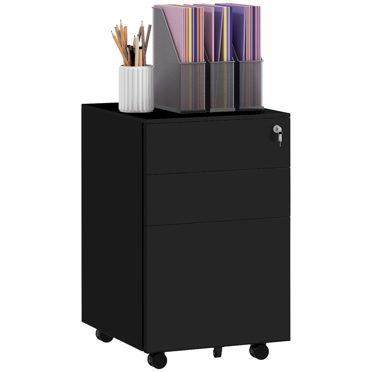 Mobile filing cabinet, 3 drawers, lockable, on casters, 37 cm x 43.5 cm x 60 cm, black
