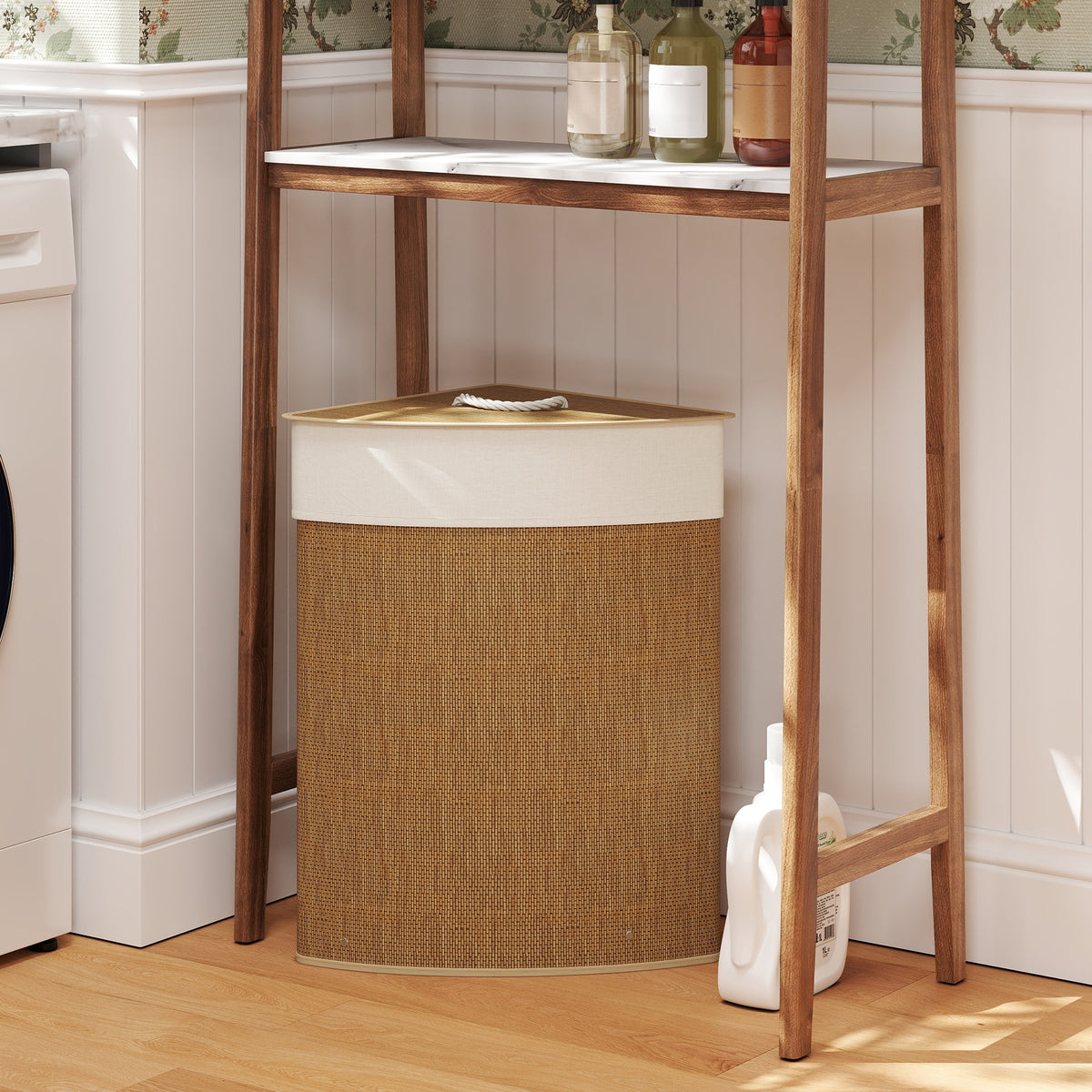 HOMCOM Wäschekorb im Eckdesign, Bambusgeflecht, 55 Liter, Stoffbeutel, Metallrahmen, Braun – Produktabbildung 2