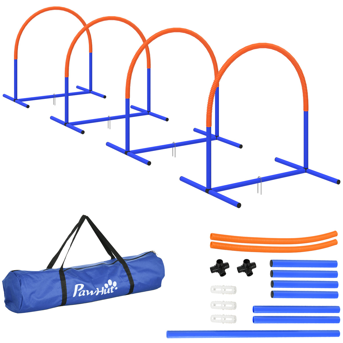 PawHut Agility-Set für Hunde, Hundetraining, 4 Bögen, für Einsteiger, mit Tragetasche, blau+orange, 88 x 64 x