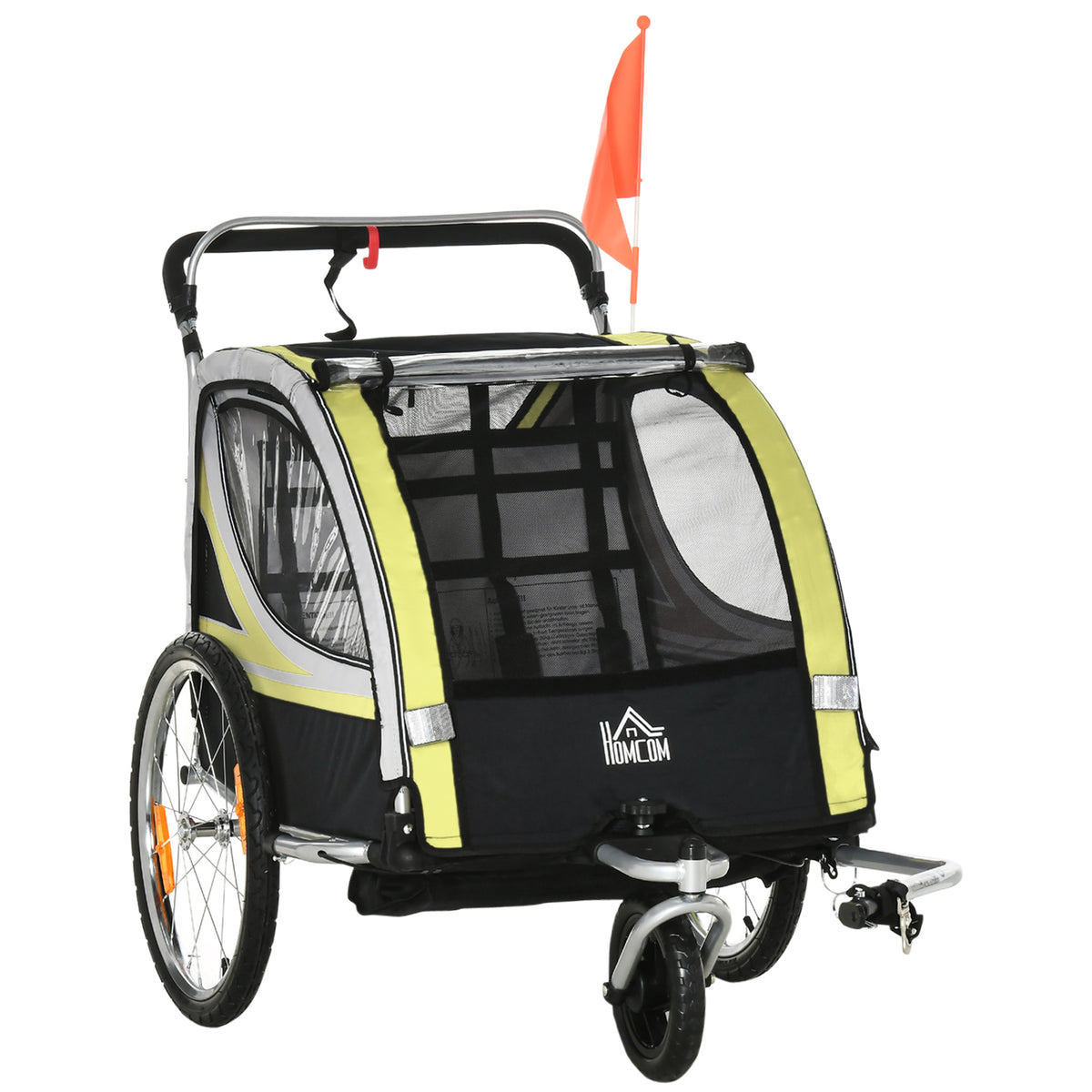 2-in-1 bike trailer for 2 children, jogging function, rain cover, brake, yellow