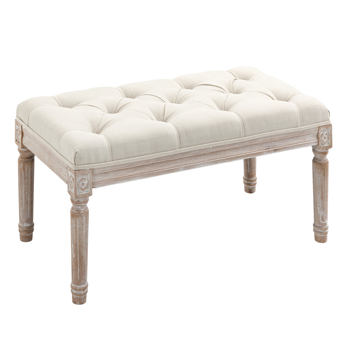 Padded ottoman, upholstered bench, footstool, wood and linen-look fabric cover, 80L x 40W x 43H cm, cream white