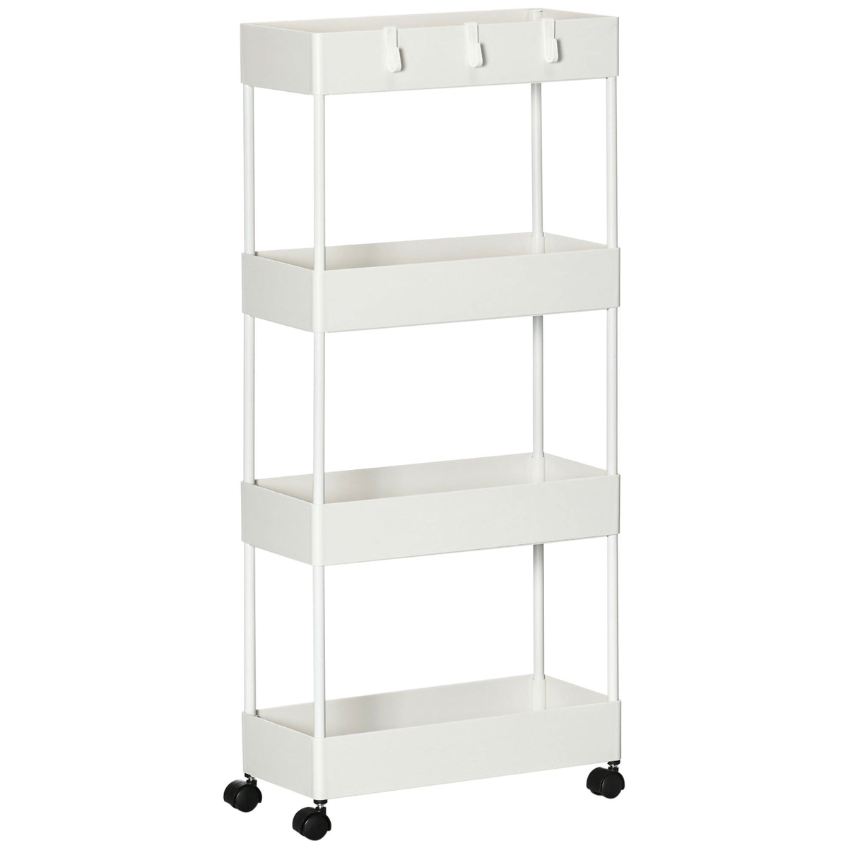 HOMCOM Küchenwagen mit 4 Regalen, 4 flexiblen Haken, 4 Rollen, 40 cm x 19 cm x 90 cm, Nischenwagen, Weiß