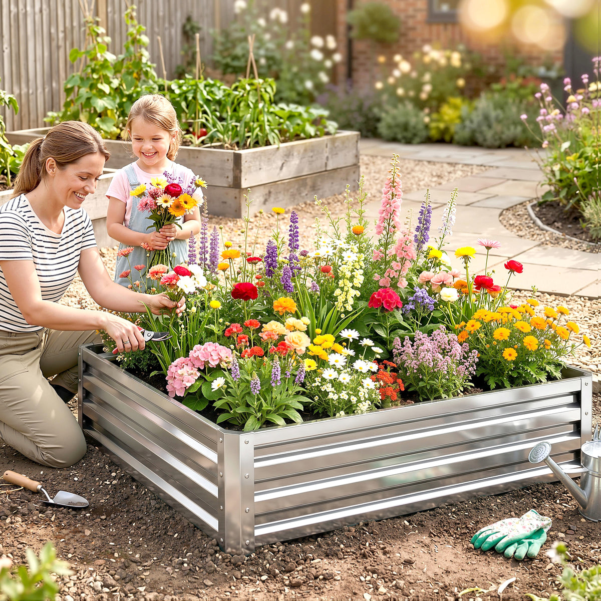 Outsunny Gartenbeet, Pflanzkasten mit Stahlgehäuse, Silber, 120 x 120 x 30 cm – Produktabbildung 2
