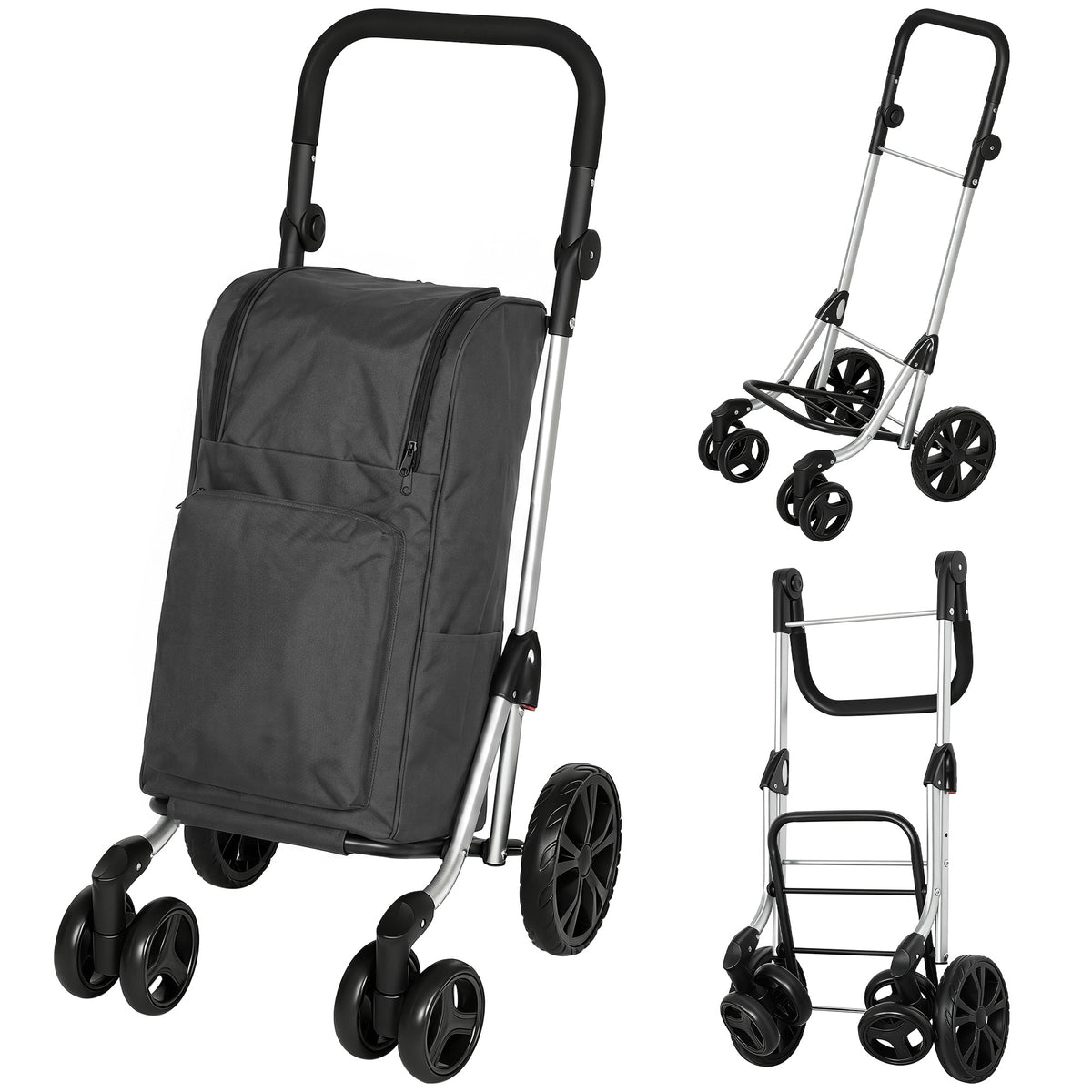 Shopping trolley, 46-liter bag, foldable shopping cart with cooler bag, adjustable handle, aluminum frame, dark