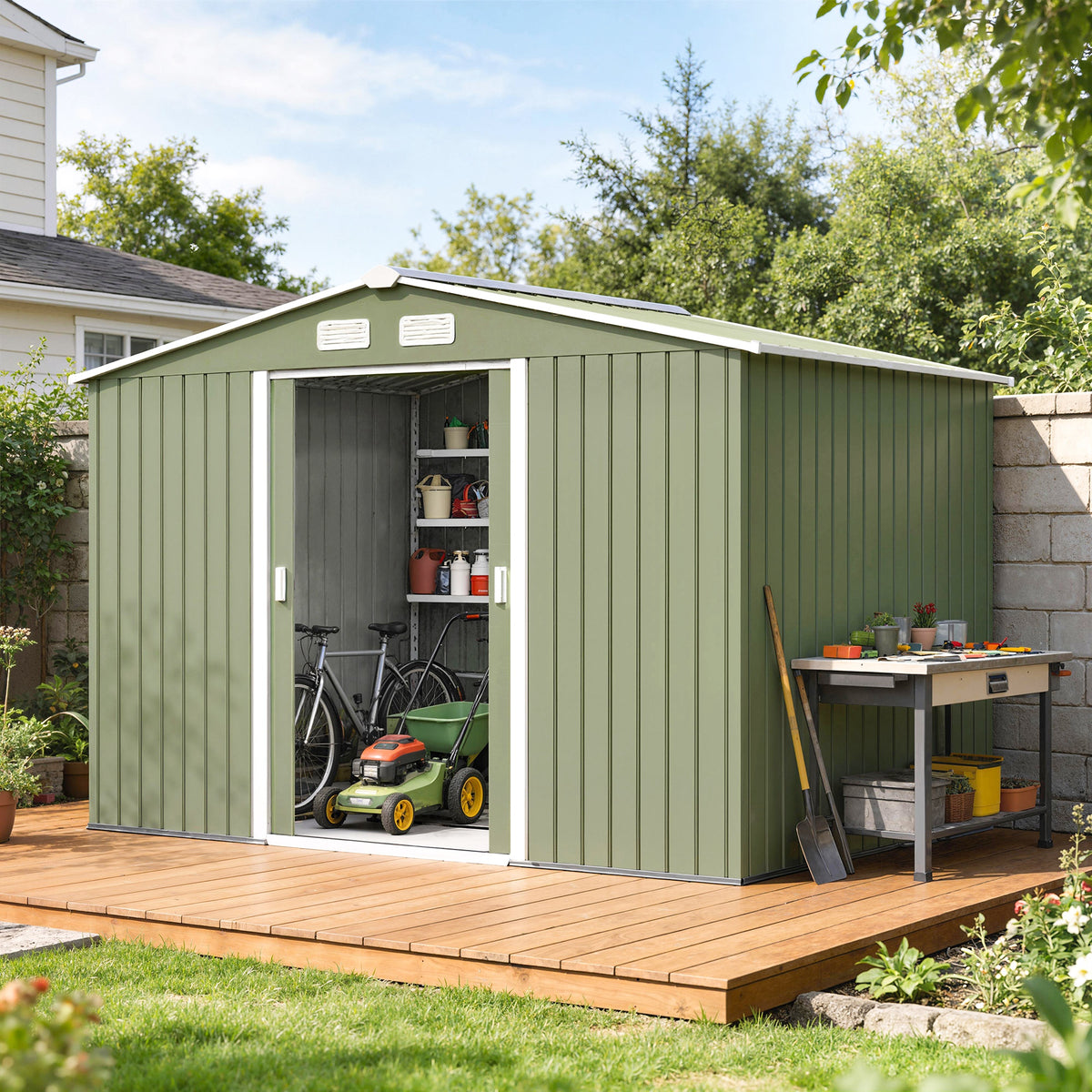Garden shed with sliding doors 2.77 x 1.95 x 1.92 m metal light green (2)