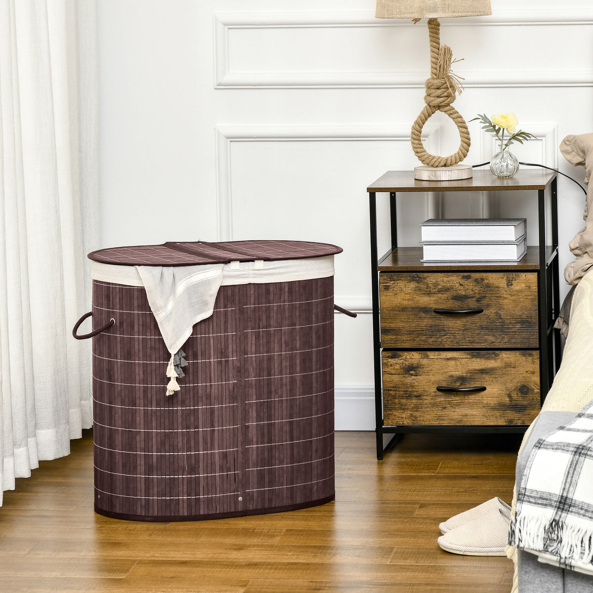 HOMCOM Wäschekorb Wäschesammler, 100L Fassungsvermögen, abnehmbarer Deckel, 38 cm x 38 cm x 57 cm, Braun – Produktabbildung 2