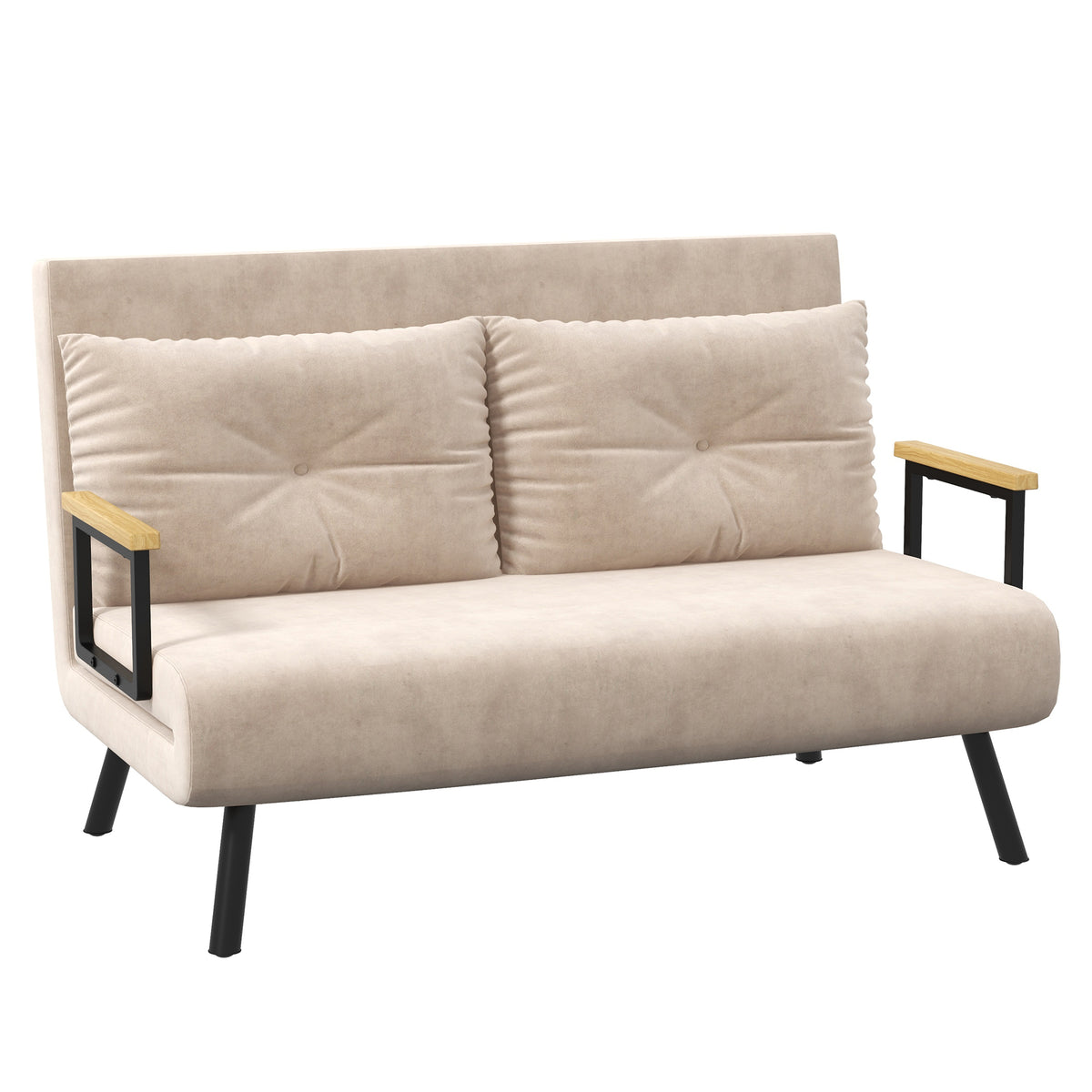 Sofa bed, 2-seater velvet sofa, sleeper function, incl. 2 cushions, velvet look, nature + beige + black