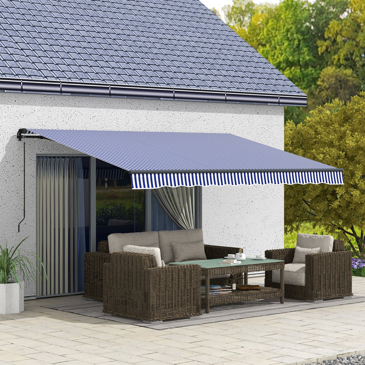 Sun awning, awning, patio awning, incl. hand crank, weather-resistant, 396 cm x 300 cm, blue + white (2)