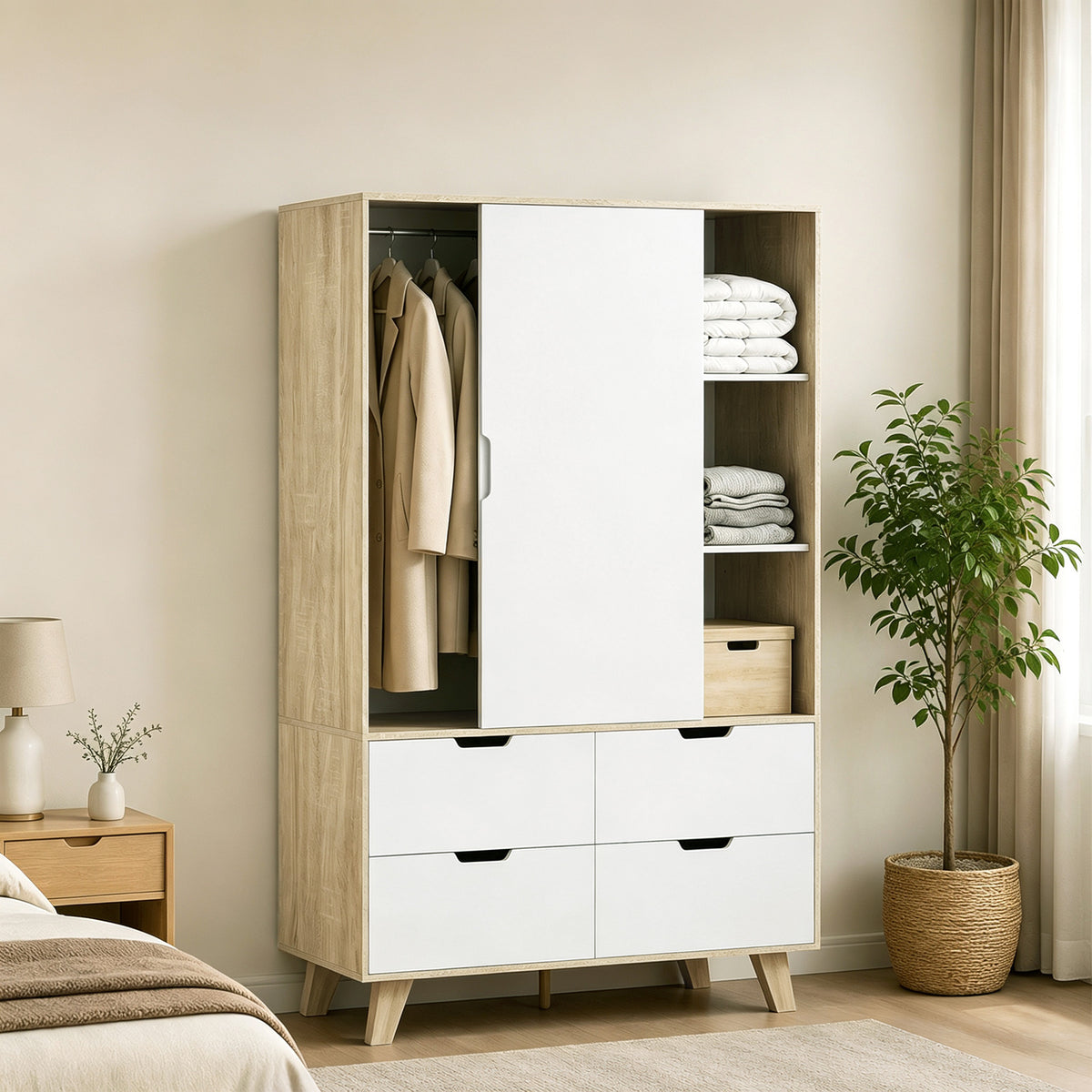 HOMCOM Moderner Kleiderschrank mit Schiebetüren, Kleiderstange, verstellbaren Böden und 4 Schubladen – Produktabbildung 2