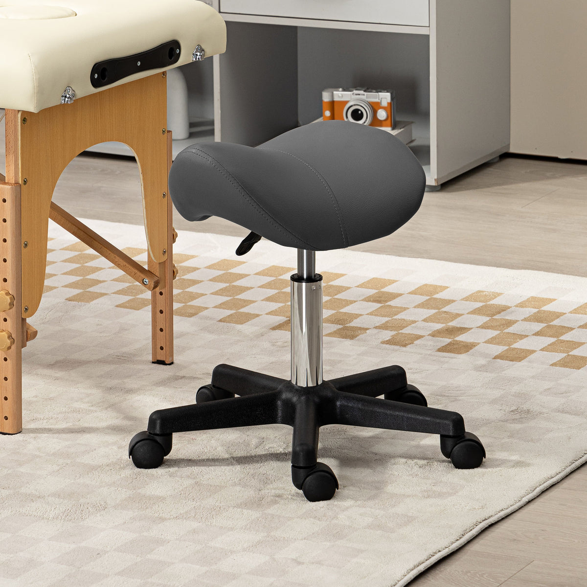 Rolling stool, saddle-shaped seat, height-adjustable, 360° swivel, faux leather, gray, 48 x 47 x 45-59 cm (2)