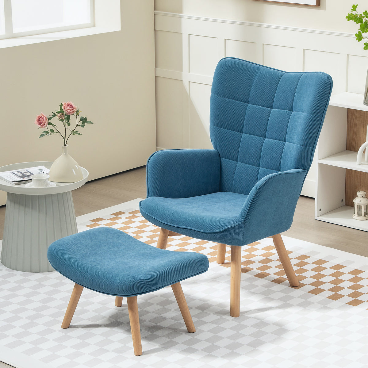 Accent chair with ottoman, corduroy-look recliner, armchair with wooden legs, for living room, blue (2)