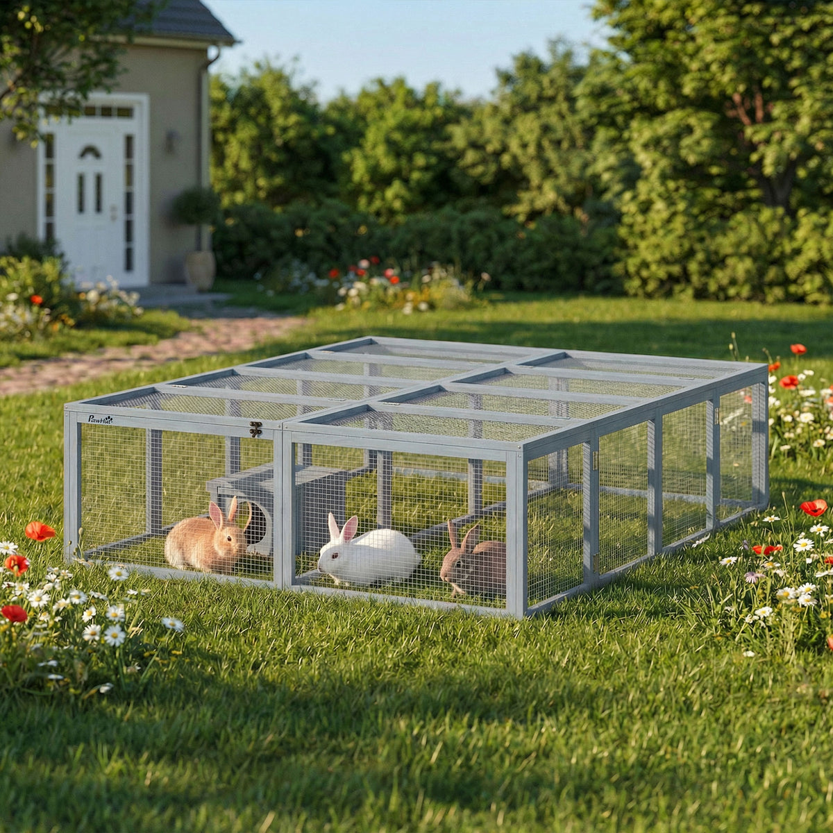 Wooden rabbit hutch with run, 2 doors and shelter for 2-4 dwarf rabbits, 180.4 x 150 x 48 cm, grey (2)