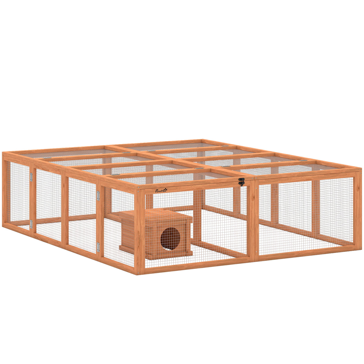 Wooden rabbit hutch with run, 2 doors, shelter house for 2-4 dwarf rabbits, 180.4 x 150 x 48 cm, orange