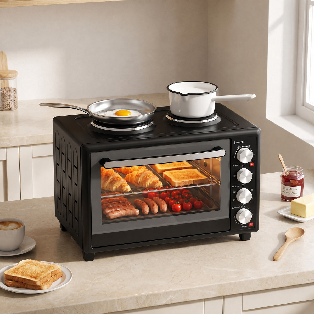 HOMCOM 36L Mini-Backofen mit 2 Kochplatten, elektrischer Tischbackofen mit Umluft, 90–230 °C – Produktabbildung 2