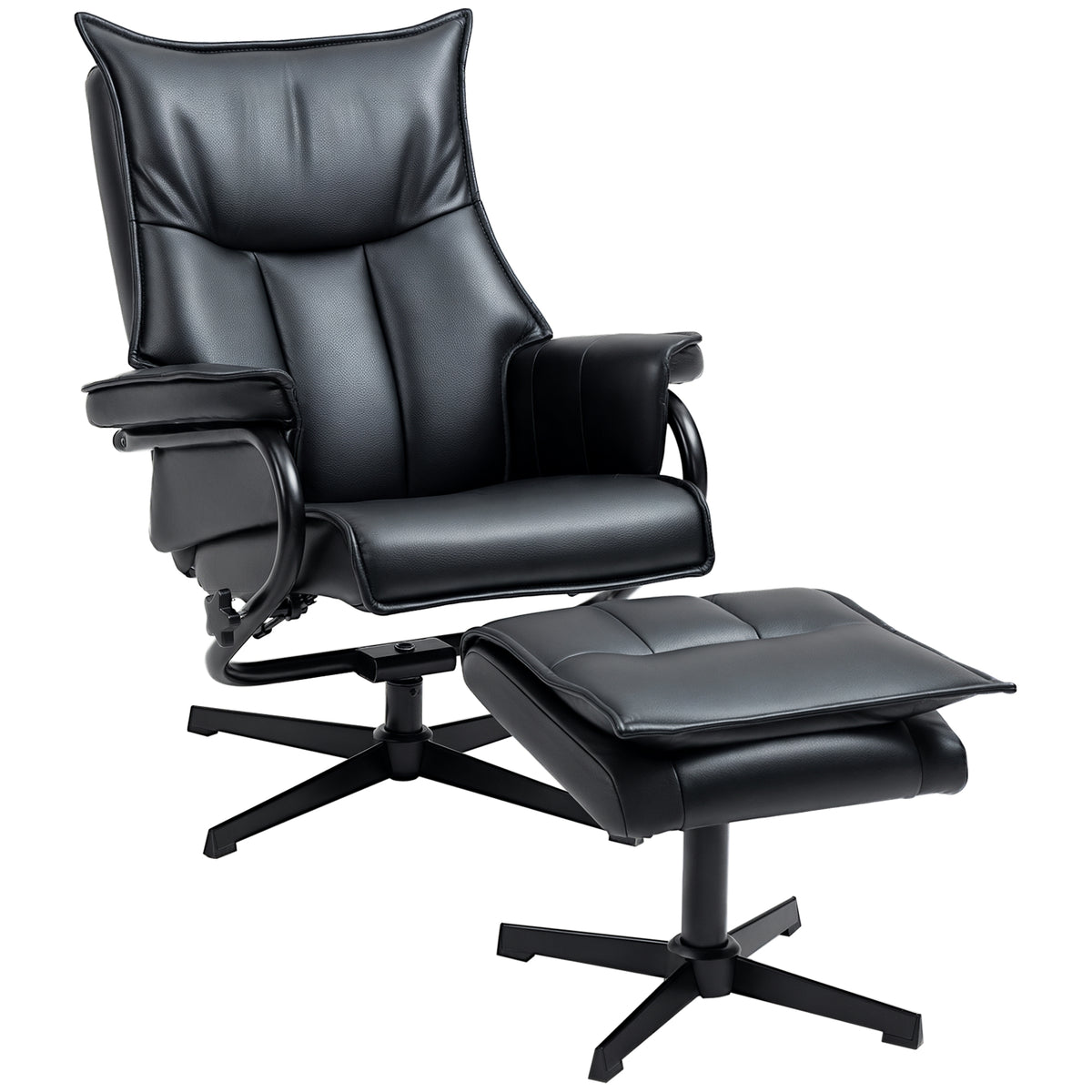 Recliner with stool, swivel, tiltable backrest, steel frame, black