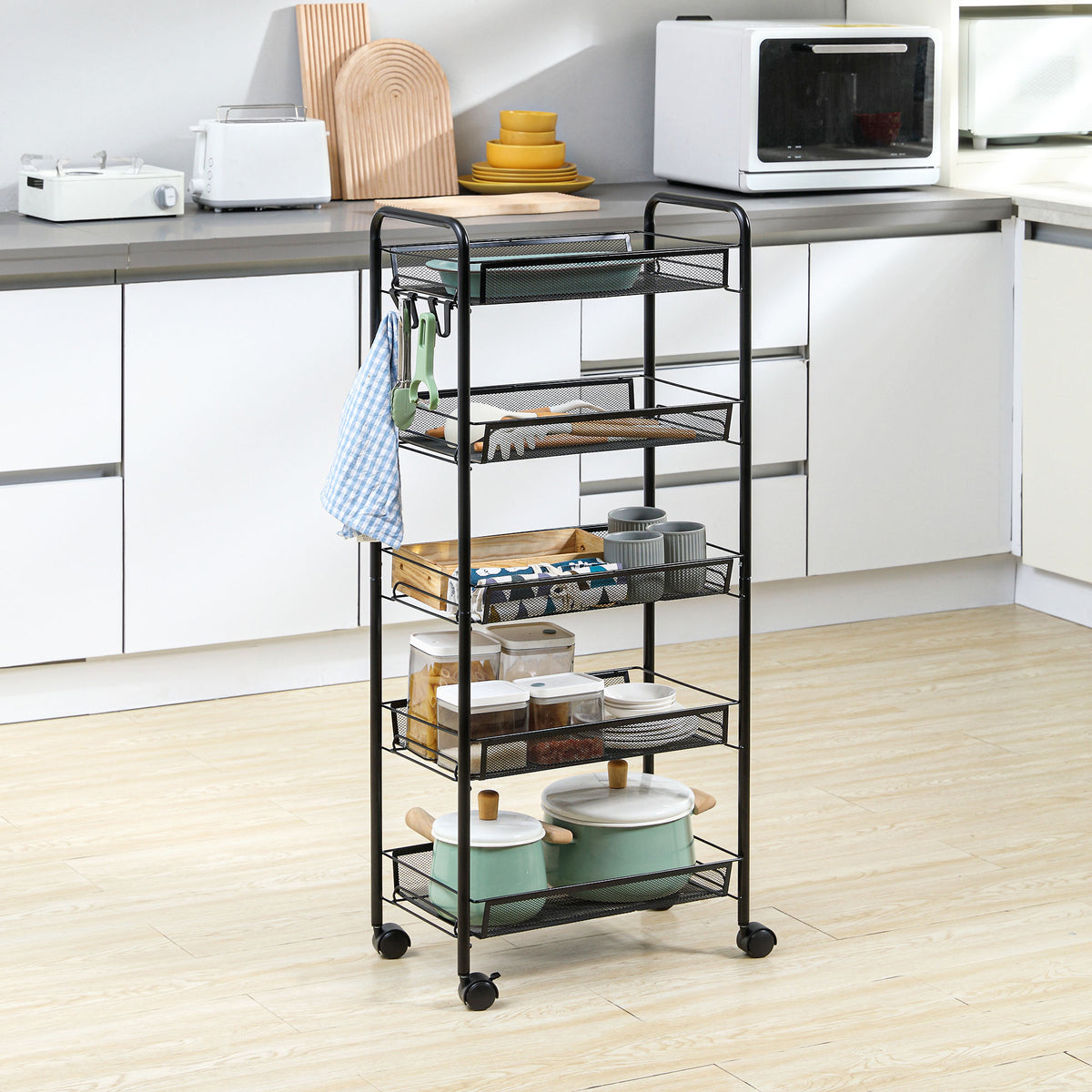 HOMCOM Küchenwagen mit 5 Drahtkörben, 4 Haken, 4 Rollen, 2 Griffe, Stahl/Kunststoff, 45x26,5x106 cm – Produktabbildung 2