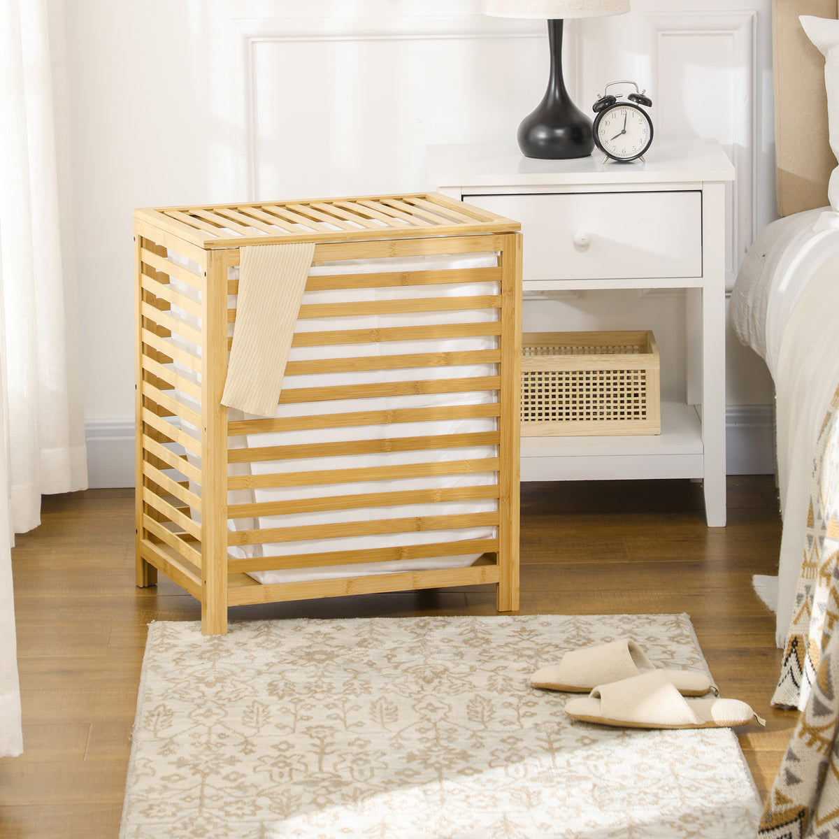 HOMCOM Wäschekorb aus Bambus, herausnehmbarer Wäschesack, wasserbeständig, Natur + Beige – Produktabbildung 2