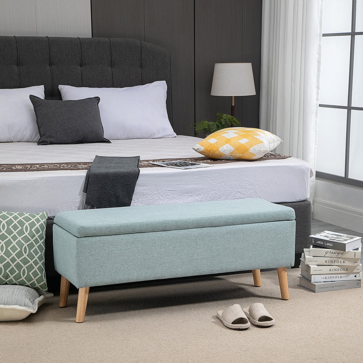 Storage bench with storage space, linen-look upholstered bench, storage chest with wooden legs, chest bench for (2)