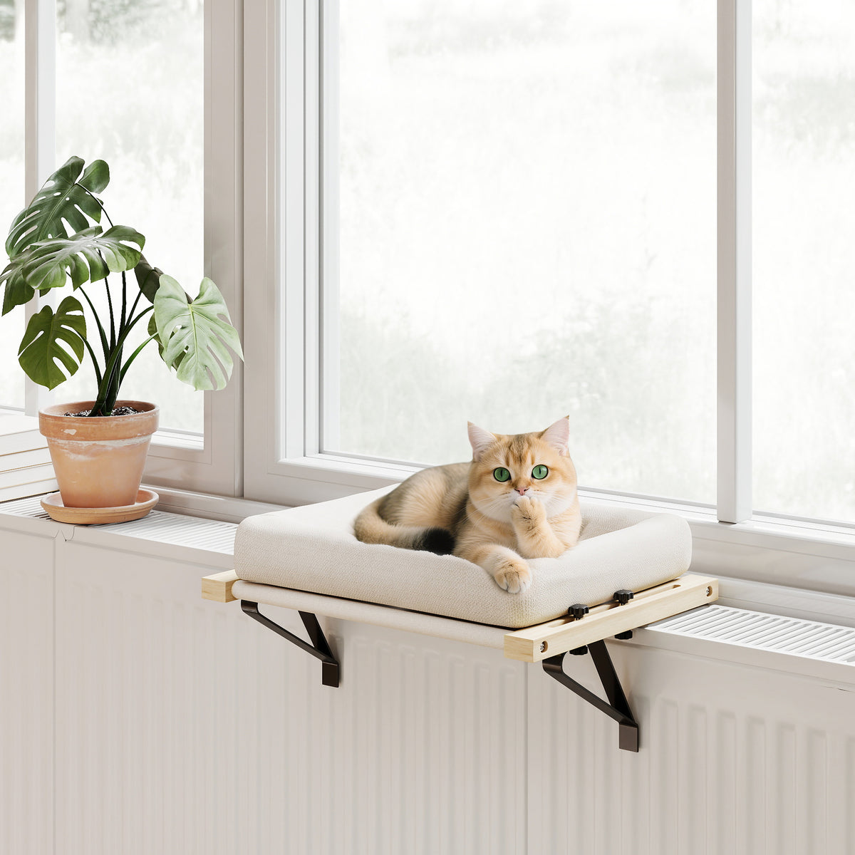 PawHut Katzenhaus mit Halterung für Fensterbänke und Heizungen, Kissen, Holzrahmen, Weiß – Produktabbildung 10