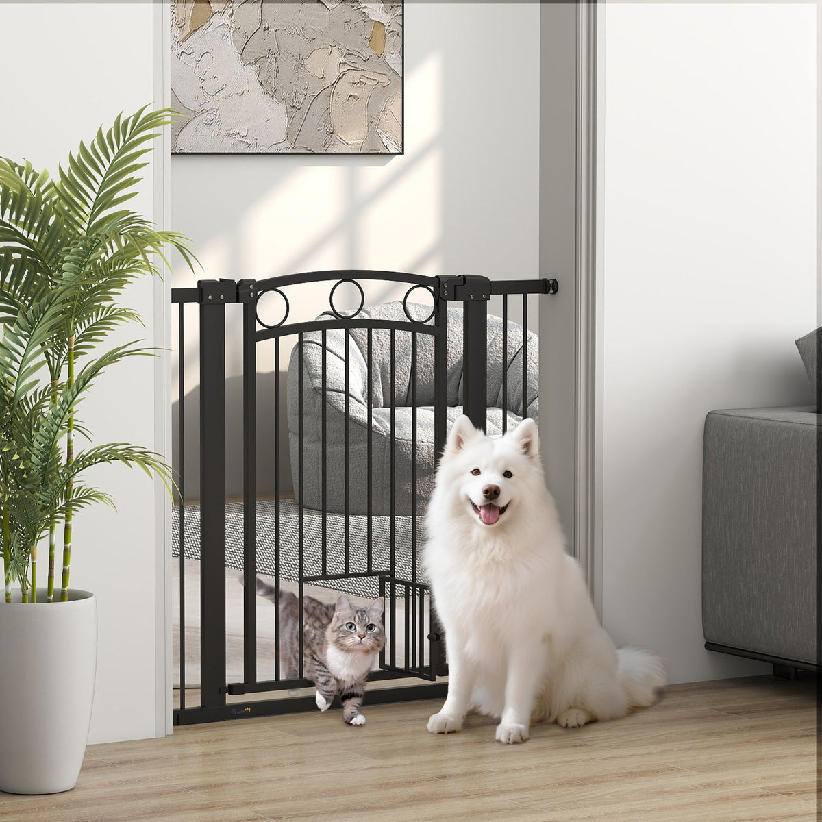PawHut Haustiertor, 96 cm Treppengatter, verstellbare Breite 76-104 cm, mit Katzentür, für Treppen und – Produktabbildung 2