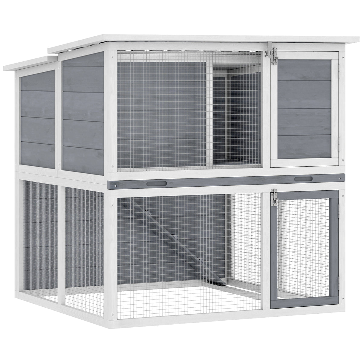2-Tier Rabbit Hutch Wooden Rabbit House with Weatherproof Hinged Roof, Outdoor Run, Ramp, 98x95x102.5 cm Grey